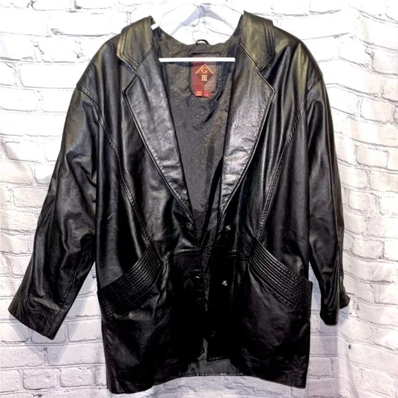 G-III Black Leather Jacket Coat Long Womens Vintage 80s Size Medium Timeless - Picture 1 of 6